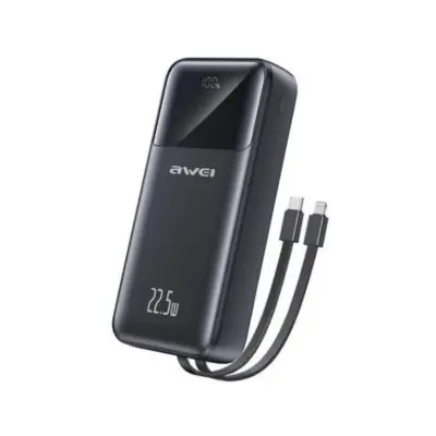 Picture of Awei P107K 20000mAh Powerbank 22.5W Fast charger with Built-in Cable Multiple Protection Long Battery Life for iOS&Android Mobile Phone -Black