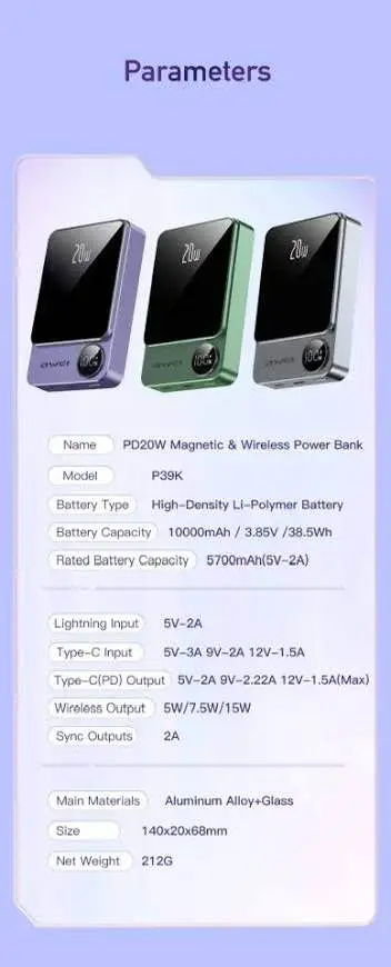 Picture of Awei P39K 10000mah 20W PD Wireless Magnetic PowerBank -Black