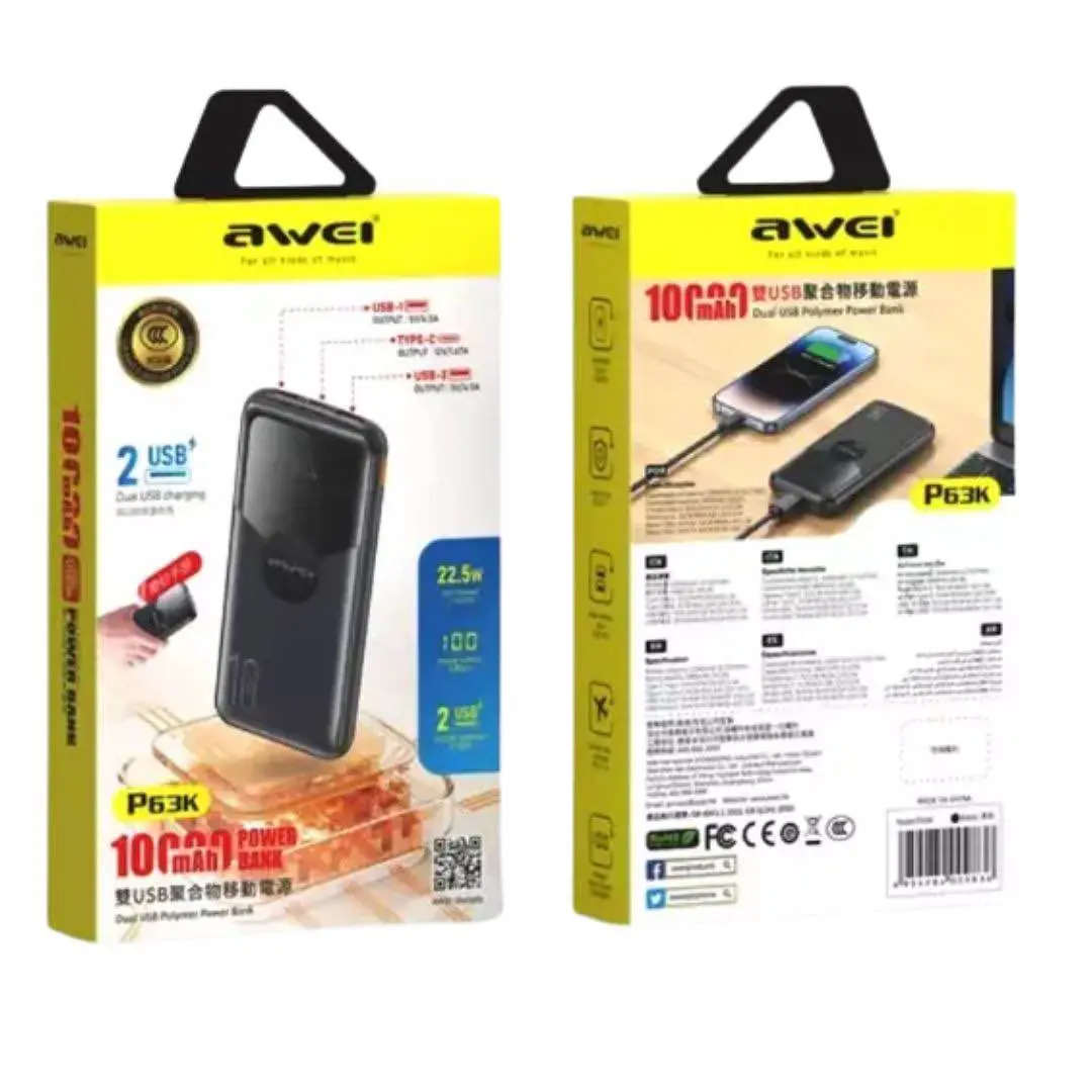 Picture of Awei P63K Power Bank 10000mAh 22.5W Fast Charging Power Bank -Black