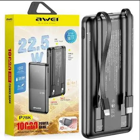 Picture of Awei P76K 10000mAh 22.5W Digital Display Dual Cable Powerbank -Black