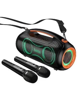 Picture of Hoco 600W Bluetooth Party Speaker With 2 Wireless Microphones, RGB Light, 6000mAh Battery, IPX5 Waterproof (DS67) -Black
