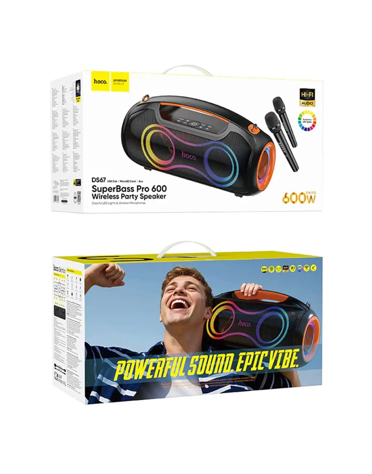 Picture of Hoco 600W Bluetooth Party Speaker With 2 Wireless Microphones, RGB Light, 6000mAh Battery, IPX5 Waterproof (DS67) -Black