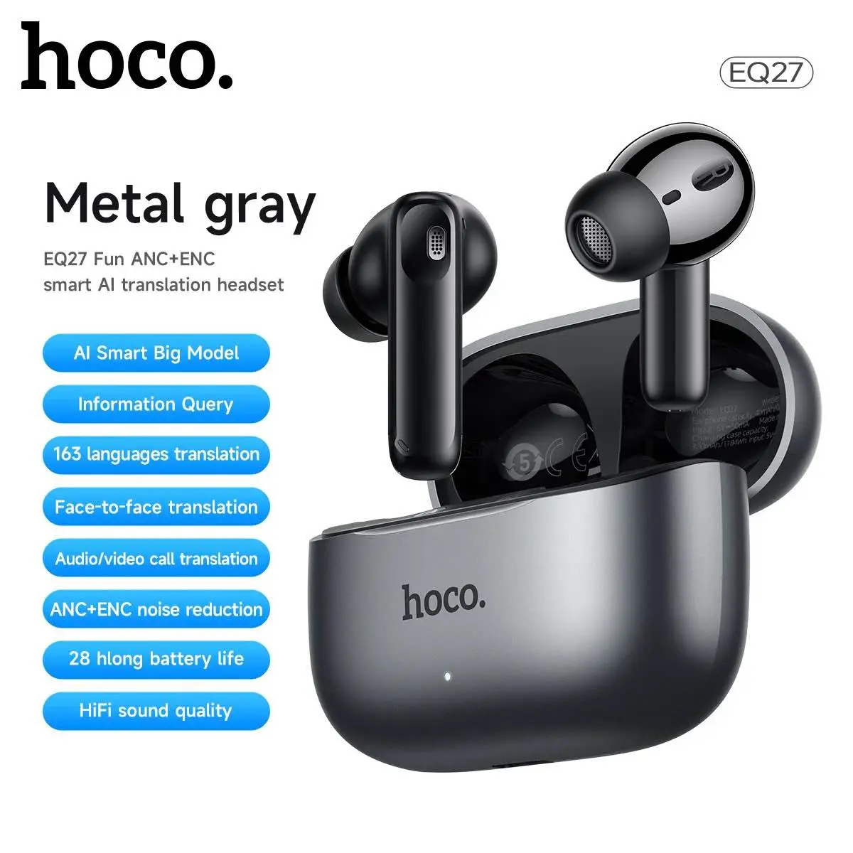 Picture of HOCO EQ27 Fun AI Translation Earbuds ANC+ENC Noise Reduction -Black