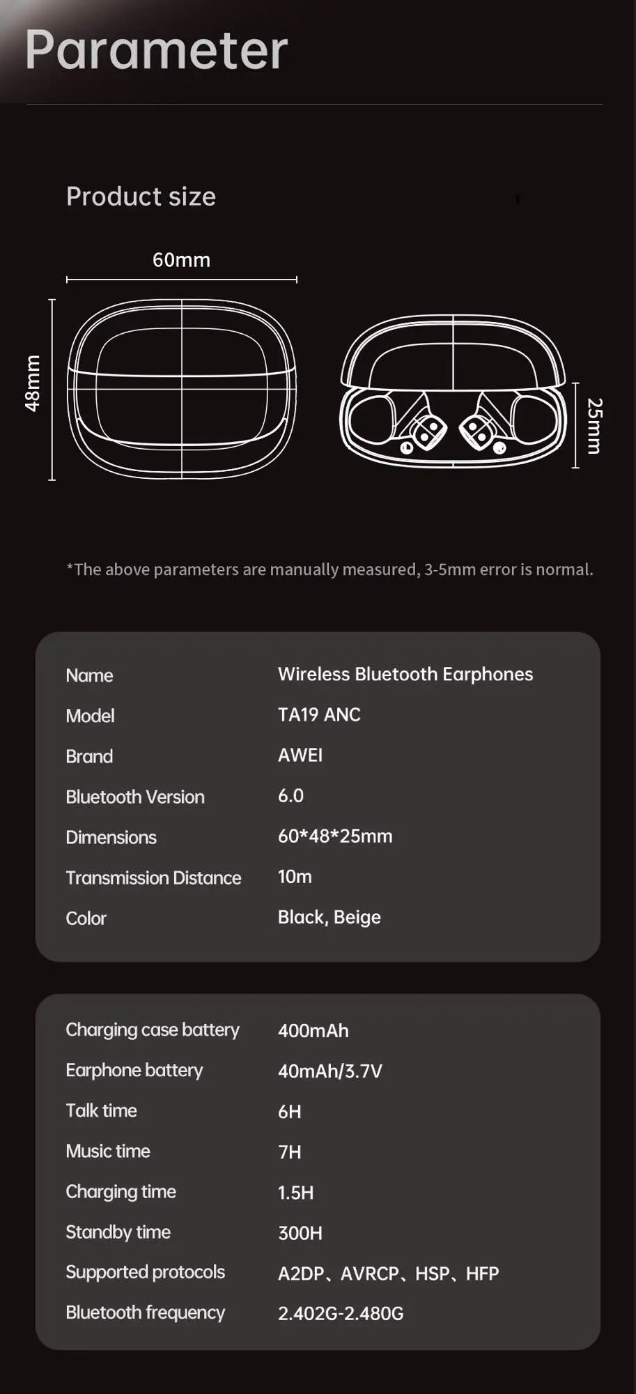 Picture of AWEI TA19ANC Noise Cancelling Bluetooth Headphones -Black