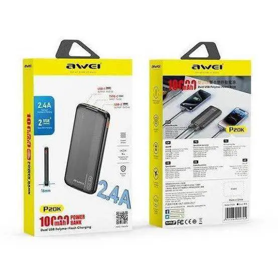 Picture of Awei P20K 10000mAh 2.4A Slim Dual Output Power bank -Black