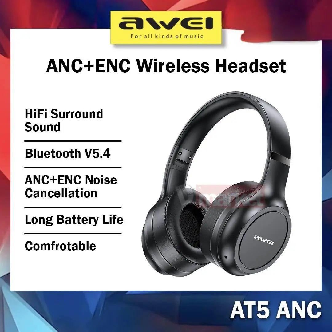 Picture of Awei AT5 ANC ENC Bluetooth Headphone 38H Playtime Deep Bass Active Noise Canceling Environment Noise Reduction HD Calls for Cellphone PC Laptop -Black