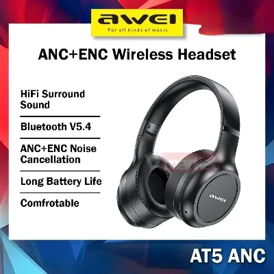 Picture of Awei AT5 ANC ENC Bluetooth Headphone 38H Playtime Deep Bass Active Noise Canceling Environment Noise Reduction HD Calls for Cellphone PC Laptop -Black