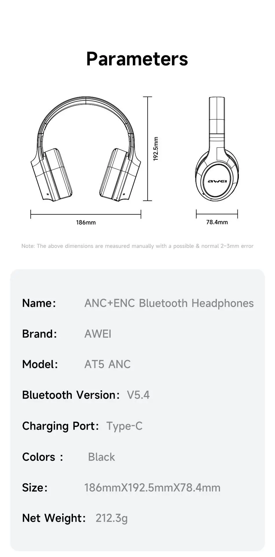 Picture of Awei AT5 ANC ENC Bluetooth Headphone 38H Playtime Deep Bass Active Noise Canceling Environment Noise Reduction HD Calls for Cellphone PC Laptop -Black