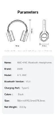 Picture of Awei AT5 ANC ENC Bluetooth Headphone 38H Playtime Deep Bass Active Noise Canceling Environment Noise Reduction HD Calls for Cellphone PC Laptop -Black