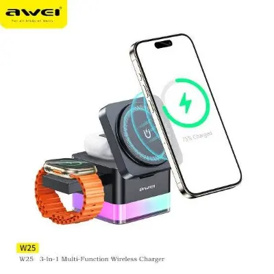 Picture of AWEI W25 3in1 Wireless Charger, RGB Light Night Lamp, Smart Tap to Power On/Off LED Light, Magnetic Adsorptionplace, 2.5W Smartwatch Wireless Output, Black | W25 -Black