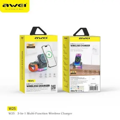 Picture of AWEI W25 3in1 Wireless Charger, RGB Light Night Lamp, Smart Tap to Power On/Off LED Light, Magnetic Adsorptionplace, 2.5W Smartwatch Wireless Output, Black | W25 -Black
