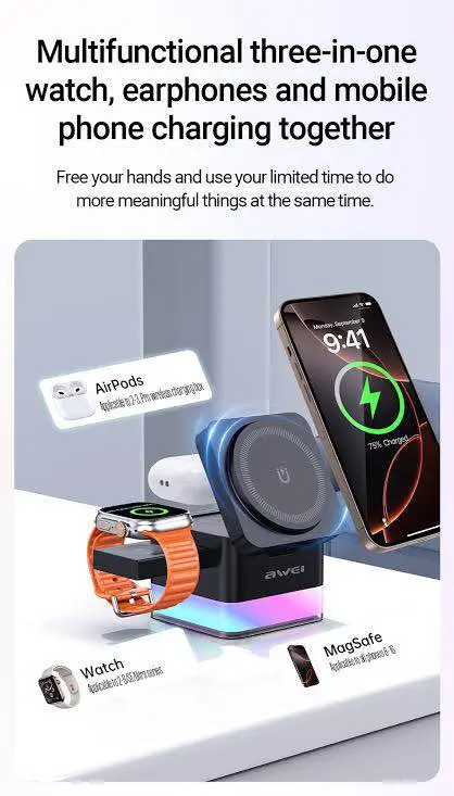 Picture of AWEI W25 3in1 Wireless Charger, RGB Light Night Lamp, Smart Tap to Power On/Off LED Light, Magnetic Adsorptionplace, 2.5W Smartwatch Wireless Output, Black | W25 -Black