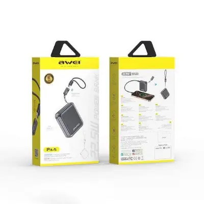 Picture of Awei PA5 10000mah 22.5w mini compact small size power bank with build in cable -Black