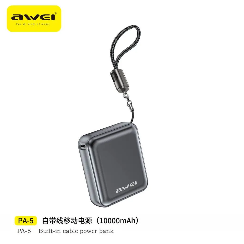 Picture of Awei PA5 10000mah 22.5w mini compact small size power bank with build in cable -Black
