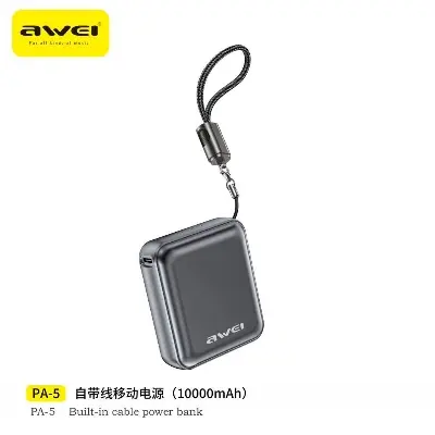 Picture of Awei PA5 10000mah 22.5w mini compact small size power bank with build in cable -Black