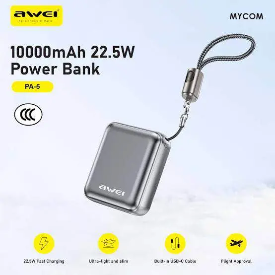 Picture of Awei PA5 10000mah 22.5w mini compact small size power bank with build in cable -Black