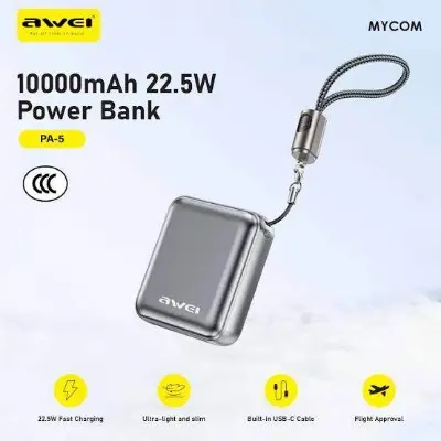 Picture of Awei PA5 10000mah 22.5w mini compact small size power bank with build in cable -Black