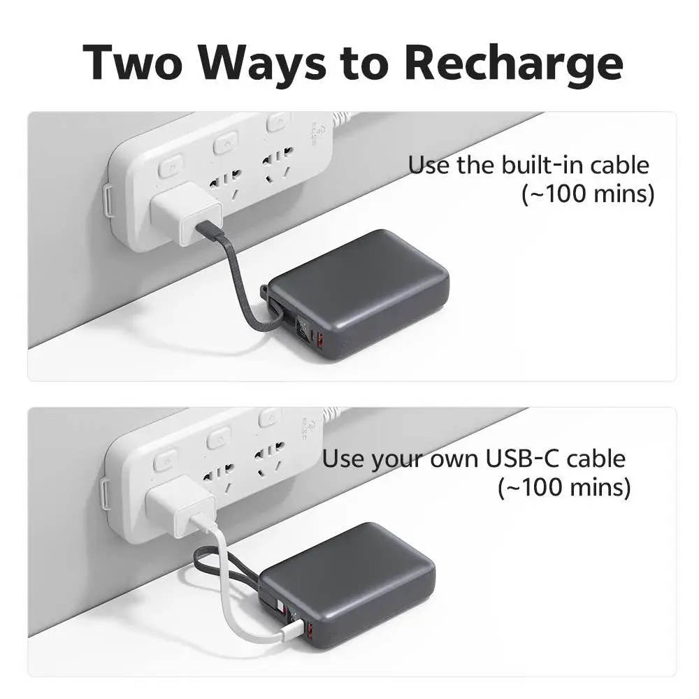 Picture of QCY 20000mAh Powerbank 45W Fast Charging with Built-in USB-C Cable -Black