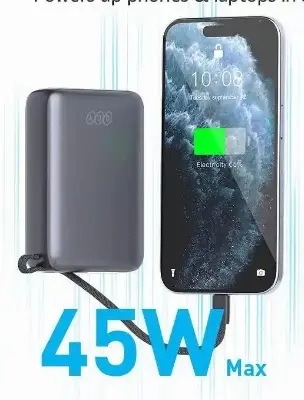 Picture of QCY 20000mAh Powerbank 45W Fast Charging with Built-in USB-C Cable -Black
