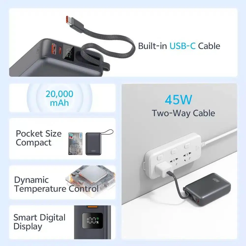 Picture of QCY 20000mAh Powerbank 45W Fast Charging with Built-in USB-C Cable -Black