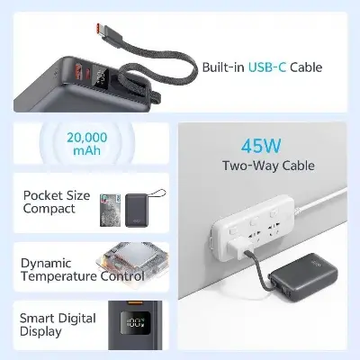 Picture of QCY 20000mAh Powerbank 45W Fast Charging with Built-in USB-C Cable -Black