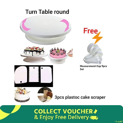 Picture of Combo Cake Decorating Turn table & 3 PCS Plastic Cake Scraper Free Measurement Cup set -White