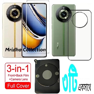 Picture of 3in1 Combo Pack For Realme 11 Pro 5G Best Premium Quality Curve Scratch Proof UV Tempered Glass Screen Protector + Clear Transparent Back Protector Film-Poly + 9h Camera Lens Protector