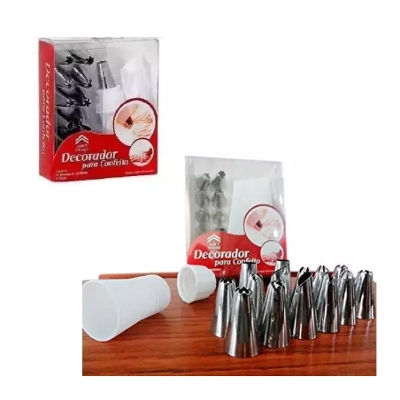 Picture of Decorcrafts??? 12 Piece Cake Decorating Set Frosting Icing Piping Bag Tips with Steel Nozzles. Reusable & Washable -Silver