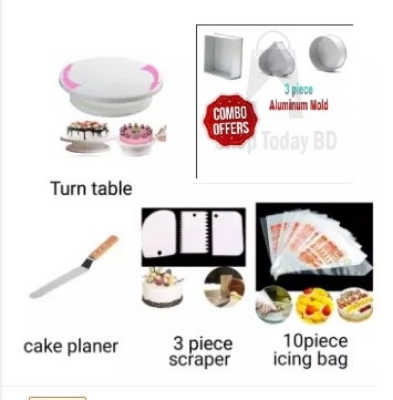 Picture of (5 pcs combo set)-Turn table 28 Size+3 shape cake pan +3 pcs scraper set+8" cake planer + 10 Piece Cake Icing Bag -White