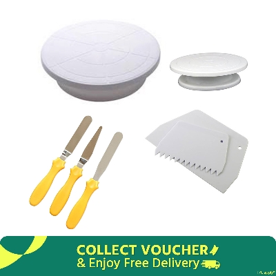 Picture of turn table+3 Pieces cake knfe set+3 Pcs Scrapper -White