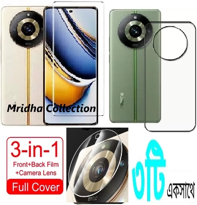 Picture of 3in1 Combo Pack For Realme 11 Pro 5G Best Premium Quality Curve Scratch Proof UV Tempered Glass Screen Protector + Clear Transparent Back Protector Film-Poly + Camera Lens Protector