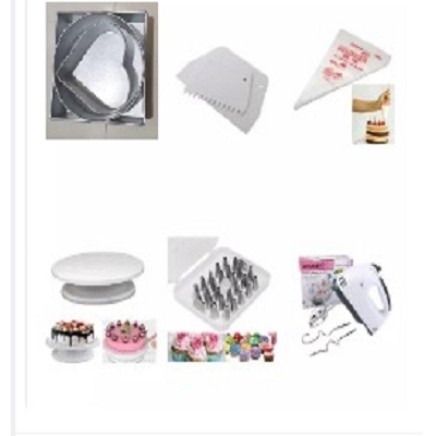 Picture of (6pcs set)-26 pcs stainless steel nozzles set with box,Cake decorating turntable,Icing Poly Bag - 20 Pcs,3 Piece Multi Shape Cake Mold Set - Black,Electric Egg Bitter - White -White