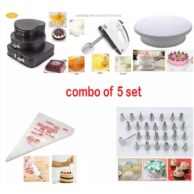 Picture of (5pcs set)-26 pcs stainless steel nozzles set with box,Cake decorating turntable,Icing Poly Bag - 20 Pcs,3 Piece Multi Shape Cake Mold Set - Black,Electric Egg Bitter - White, -Multicolor