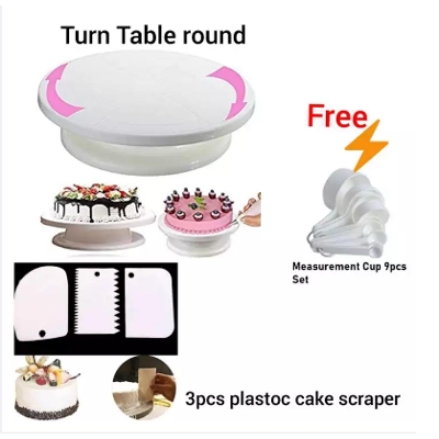 Picture of Combo Cake Decorating Turn table & 3 PCS Plastic Cake Scraper Free Measurement Cup set -White