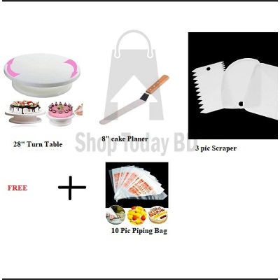 Picture of 3 Combo  Turn Table+3 Pcs Scraper set- white+ Cake planer-8" + FREE 10 Pic Piping Bag -White