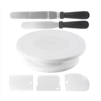 Picture of CZS 6pcs Rotating Cake Turntable Set With 2Pcs Baking Frosting Spatulas 3Pcs Pastry Scraper Combs White Plastic Cake Decorating Supplies -White
