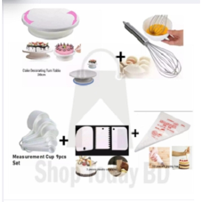Picture of 5 X Combo Cake Decorating Turn table 28 Inches + Egg Bitter + 3 PCS Plastic Cake Scraper + Measurement Cup set + 10 Pieces Piping Bag -White