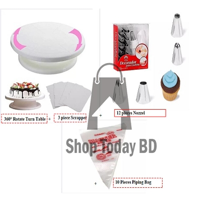 Picture of Cake Decorating Turntable - 28 cm and 12 pieces of Nozzle Set and Piping Bags and set of combo pack of 3 items -White