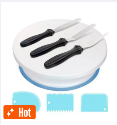 Picture of CZS 6pcs Rotating Cake Turntable Set With 2Pcs Baking Frosting Spatulas 3Pcs Pastry Scraper Combs White Plastic Cake Decorating Supplies -White