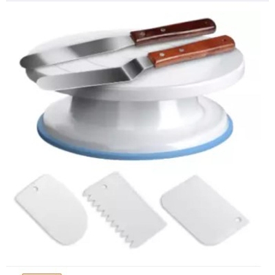 Picture of 6 Combo Cake Decorating Turntable Rotating Cake Stand Cake Plate with 3 Scraper and  Stainless Steel Palette Knife 8" 2 pieces for Cake Decorating, Baking, Pastries and Icing Patterns, 28x7 cm, White -Multicolor