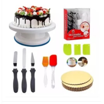 Picture of 6 Item Deal Cake Turntable, 12 Piece Cake Decorating Nozzle Set, 3 in 1 Multi Function Knife Set, 3 Side Scrapper,Cake Board 5 Piece, Silicon Spatula Brush Set -Multicolor