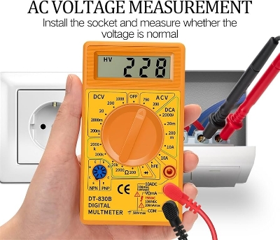 Picture of DT830B Digital Multimeter, Handheld Digital Multimeter LCD Backlight Portable AC/DC Ammeter Voltmeter Ohm Voltage Tester Meter Multimeter with Wire Yellow