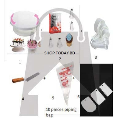 Picture of Cake Decoration Turntable + 12 Pieces Of Stainless Steel Nozzle Set + stainless steel  cake planner 6" + Measuring Spoon Cup Set + 3 pieces Plastic Cream Scraper & 10 Pieces Pipping Bags (6 products) -Multicolor