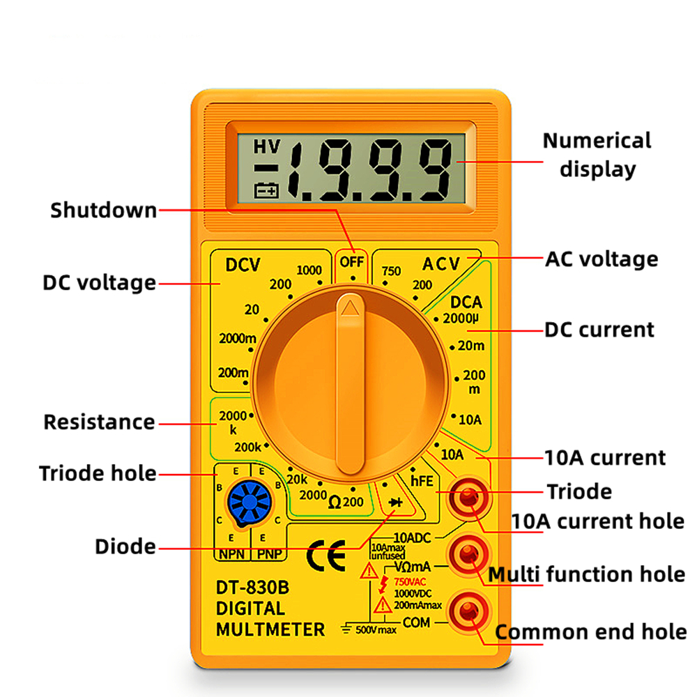 Picture of DT830B Digital Multimeter, Handheld Digital Multimeter LCD Backlight Portable AC/DC Ammeter Voltmeter Ohm Voltage Tester Meter Multimeter with Wire Yellow