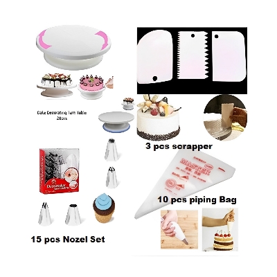 Picture of Cake Decorating Turntable - 28 cm +12 pieces Cake decoration Nozzle set + 10 Piping Bags + 3 pcs scrapper combo pack of 4 items -Multicolor