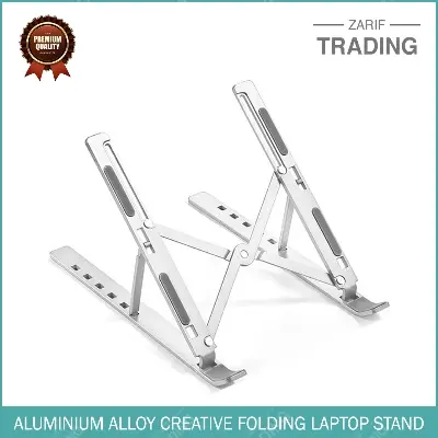 Picture of Aluminium Alloy Creative Folding Laptop Stand 6 Angles Adjustable Tabletop Anti Slip Silicon Rubber Pads Foldable Cloth Pouch Inside Silver (Black)
