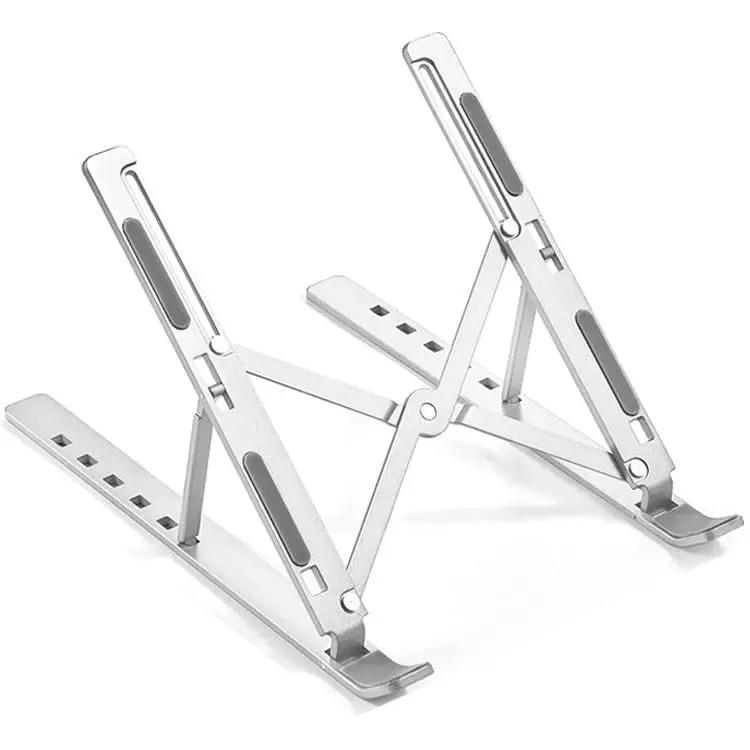 Picture of Aluminium Alloy Creative Folding Laptop Stand 6 Angles Adjustable Tabletop Anti Slip Silicon Rubber Pads Foldable Cloth Pouch Inside Silver (Silver)