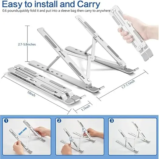 Picture of Aluminium Alloy Creative Folding Laptop Stand 6 Angles Adjustable Tabletop Anti Slip Silicon Rubber Pads Foldable Cloth Pouch Inside Silver (Silver)