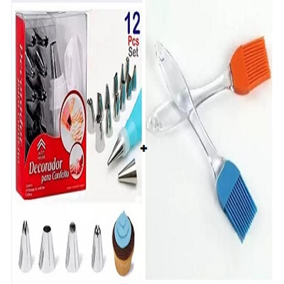 Picture of Silicone spatula with brush set and 15 pieces of cake Decorating nozzle set combo pack of 2 items -White
