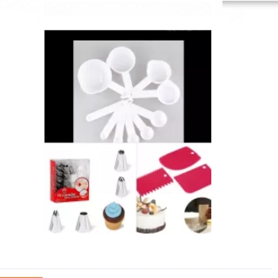 Picture of 12 Pieces stainless steel Cake Decorating Nozzle Set and 10 pieces piping bags and plastic measurement cup set combo item of 3 items -Silver